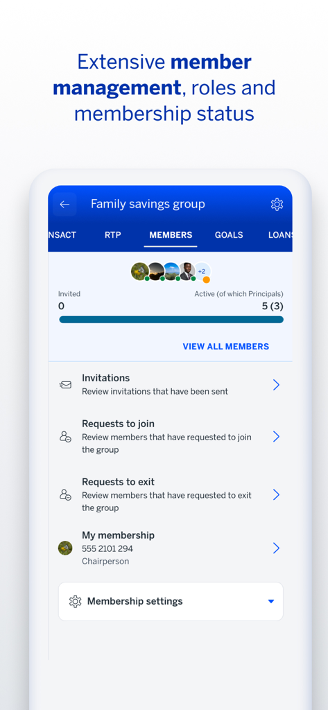 Stanbic Chama App member management screen showing group roles and invitations