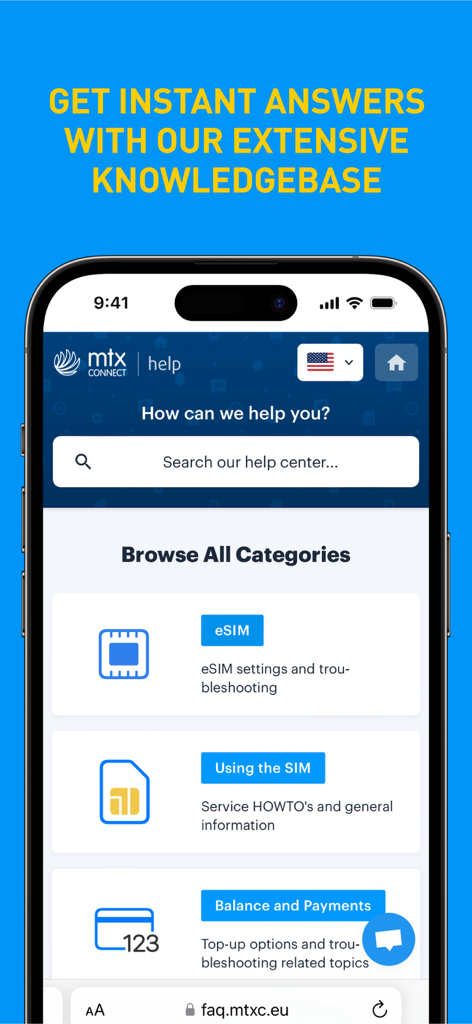 MTX Connect app help center interface with support categories for eSIM and payments