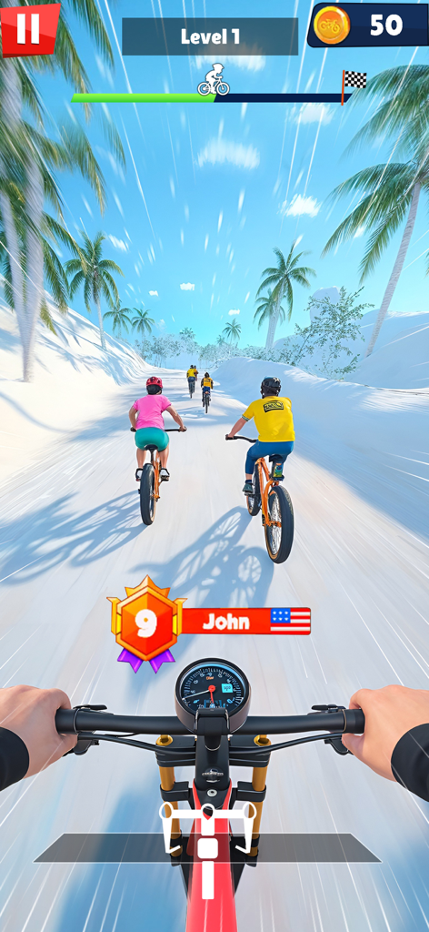 BMX Bike Games: Cycle Games 3D - Vue à la première personne d'une course de BMX sur une piste enneigée avec d'autres concurrents