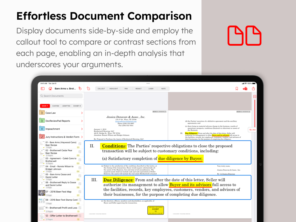 TrialPad - Trial Presentation - TrialPad app interface showing side by side document comparison and highlighted callouts on an iPad