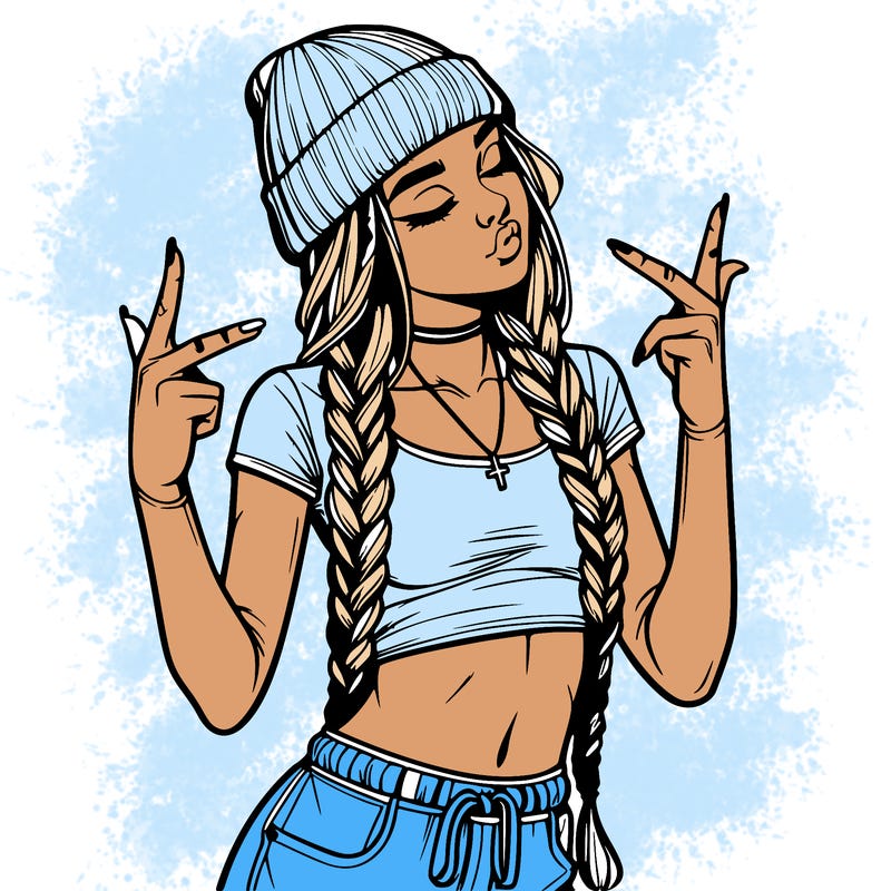 realistic teenage girl with braids and a beanie and crop top doing 🫶🏼
