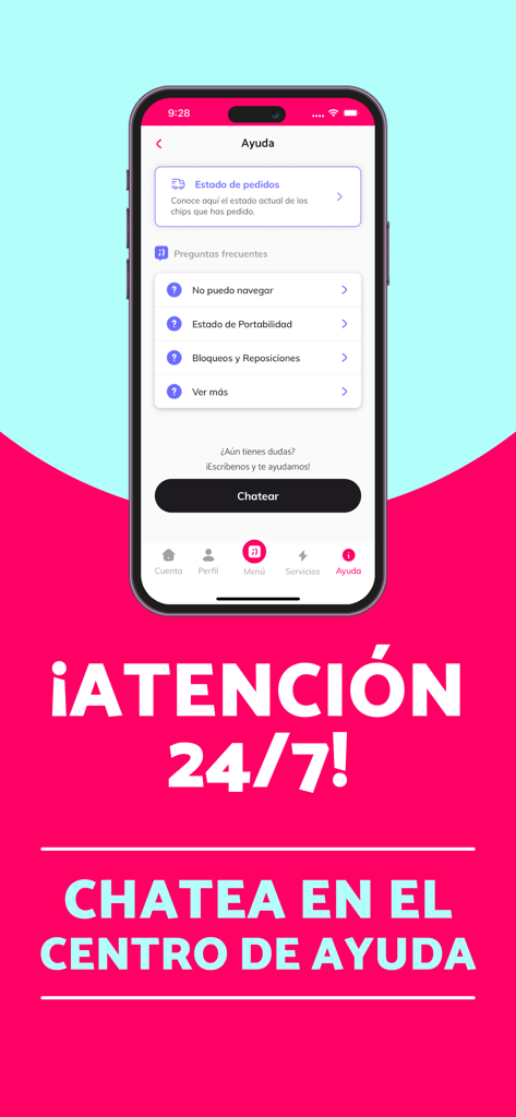 App Tuenti - Interfaz del centro de ayuda de la App Tuenti con chat de soporte al cliente 24/7 y menú de preguntas frecuentes.
