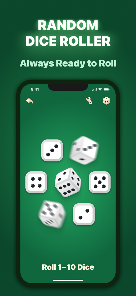 Dice Dice! - Dice Dice mobile app showing several white dice rolling on a green felt background