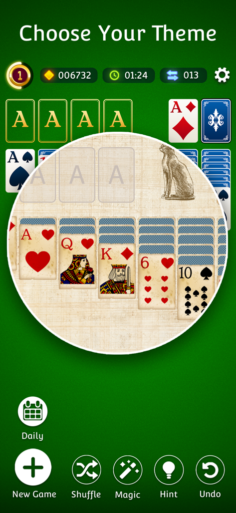 Solitaire game theme selection screen showing a classic card game with an Egyptian cat design and papyrus background