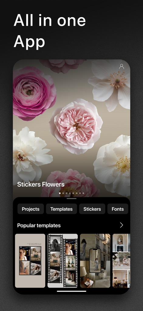 Graphionica: Story Maker - Oberfläche der Graphionica-App, die ästhetische Story-Vorlagen und florale Sticker zeigt