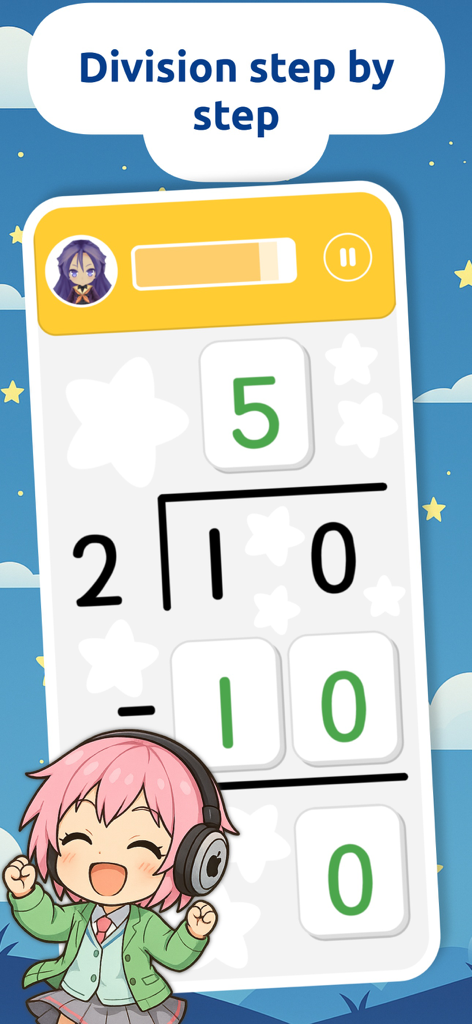 Math Games ABC - Math Games ABC app screenshot showing a step by step long division lesson with a cute chibi character