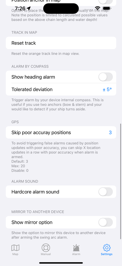 Anchor Alarm - Anchor Watch - Settings page for the Anchor Alarm app with maritime safety configurations like compass alerts and GPS accuracy
