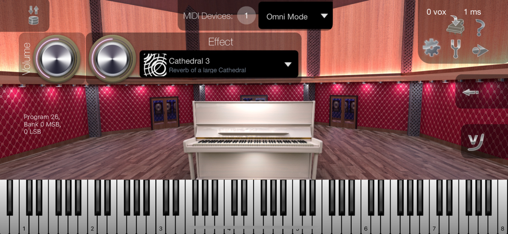 Colossus Piano - Interfaccia dell'app Colossus Piano che mostra un pianoforte verticale bianco in uno studio virtuale