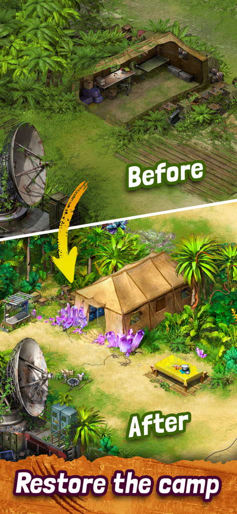 Survivors: the Quest - Confronto prima e dopo che mostra il ripristino di un accampamento di sopravvissuti su un'isola tropicale