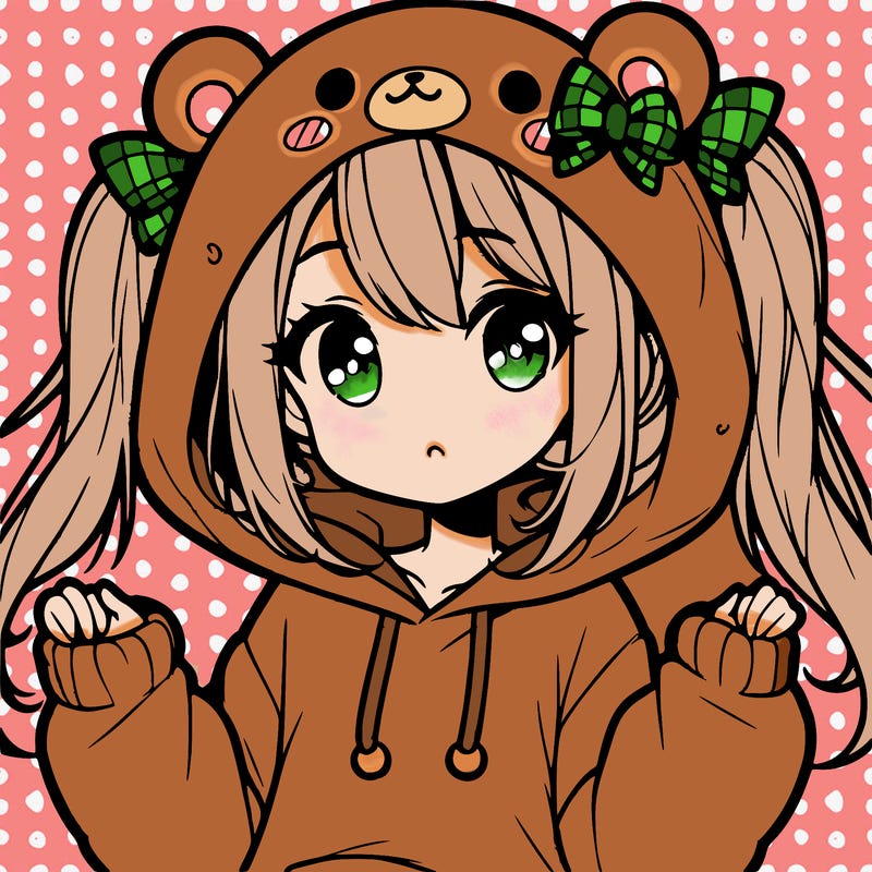 cute anime girl with ponytails and a cute bear hoodie