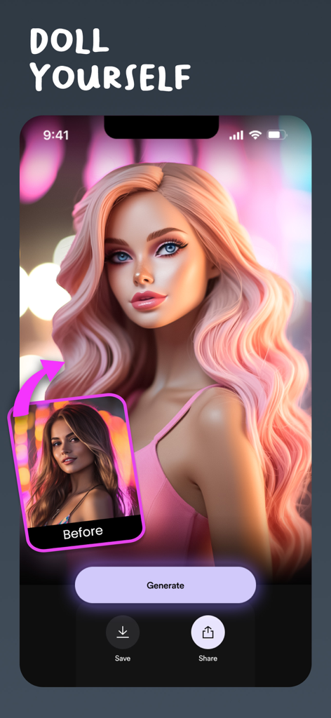 Une femme utilisant le filtre 'AI doll' pour transformer un selfie en un personnage de dessin animé aux cheveux roses