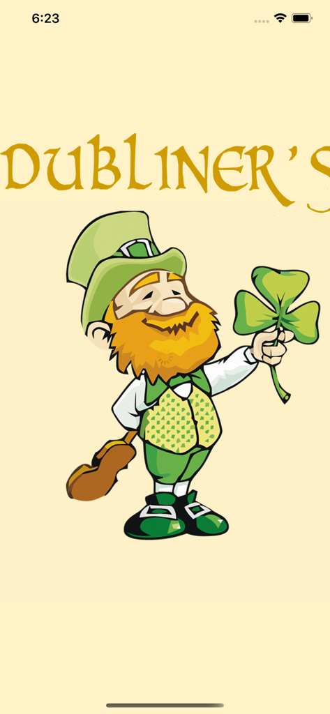 Dubliner's Alicante - Pantalla de inicio de la app Dubliners Alicante con un duende caricaturizado sosteniendo un trébol.