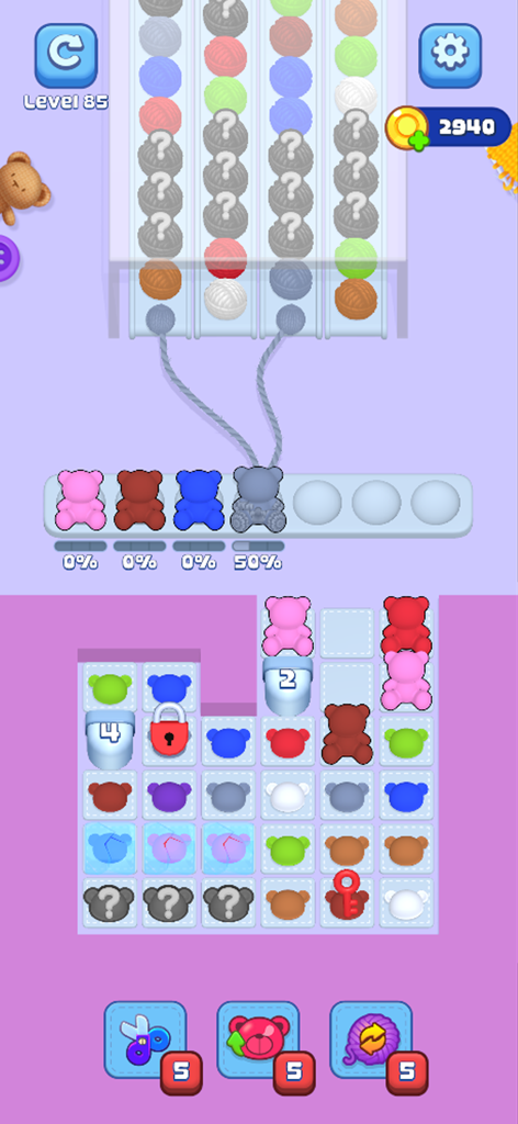 Knit Craze: Color Wool Sort - In game screenshot of Knit Craze showing colorful bear yarn balls and sorting puzzle levels.