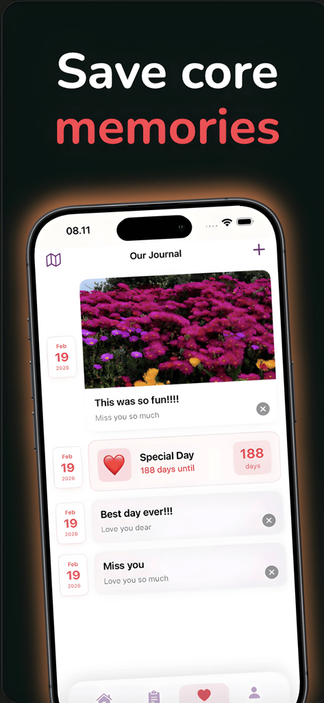 하트페어 앱 인터페이스는 사진, 사랑의 메시지, 특별한 날까지의 카운트다운이 포함된 커플을 위한 공유 저널 기능을 보여줍니다.