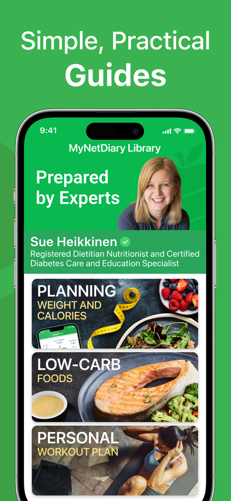 MyNetDiary app interface showing nutrition and workout guides prepared by a registered dietitian.