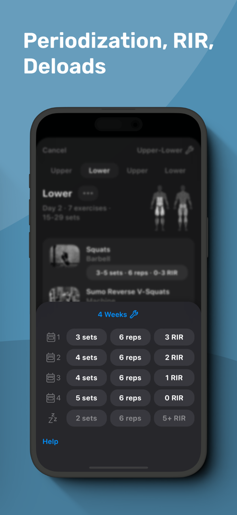 Alpha Progression app screen showing a 4-week periodization cycle with reps in reserve and deload settings