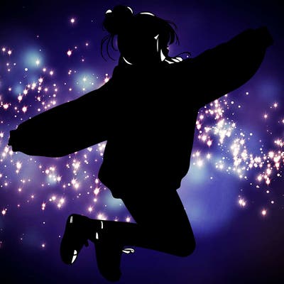 realistic girl jumping with a bun and oversized sweatshirt