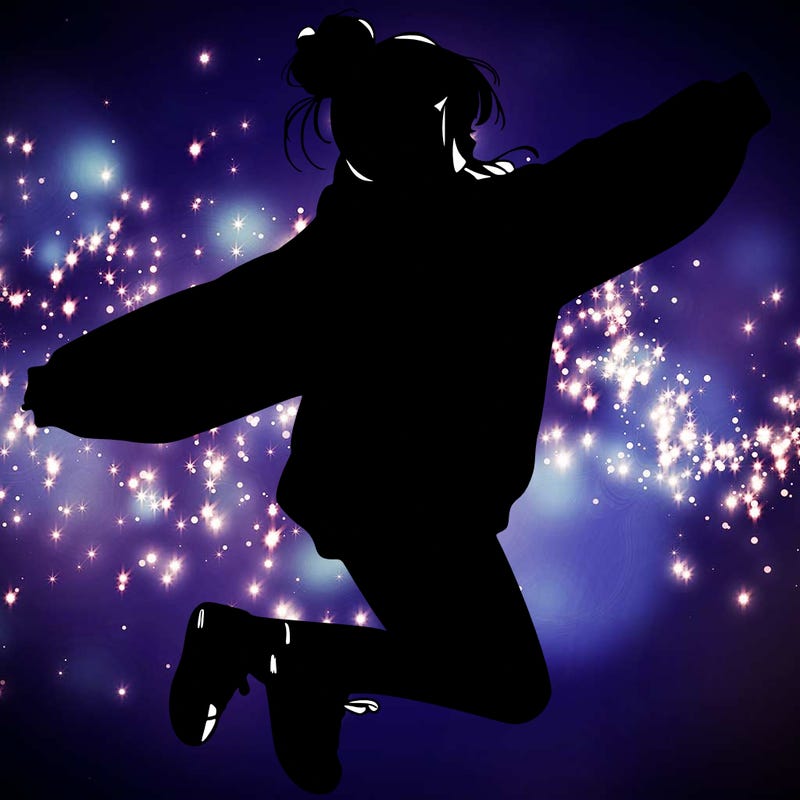 realistic girl jumping with a bun and oversized sweatshirt