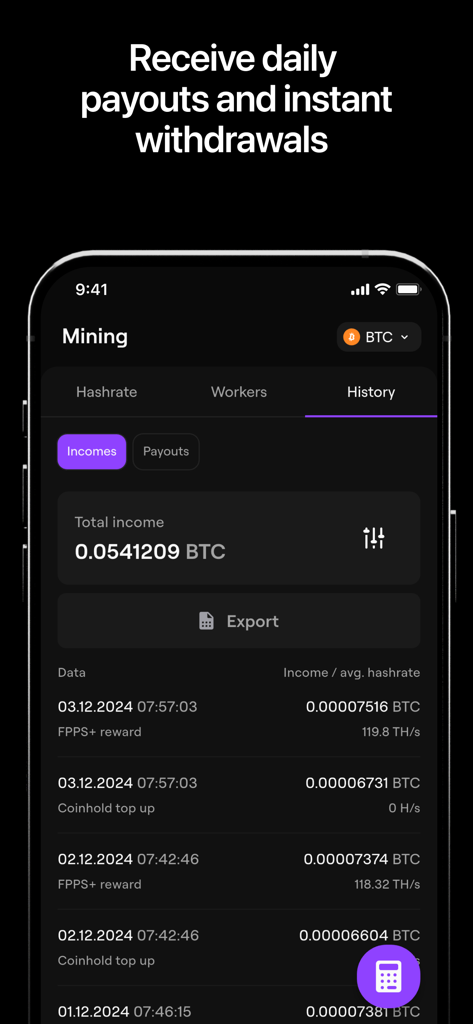 EMCD: Bitcoin & Crypto Mining - A mobile app interface displaying daily Bitcoin mining income and historical payouts