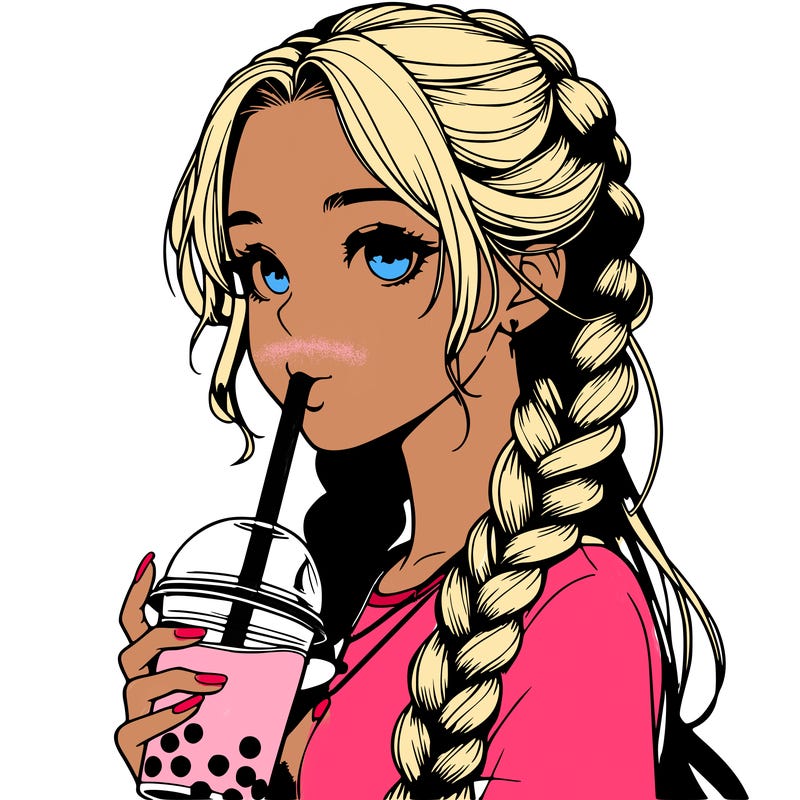 realistic girl with braided hair drinking boba