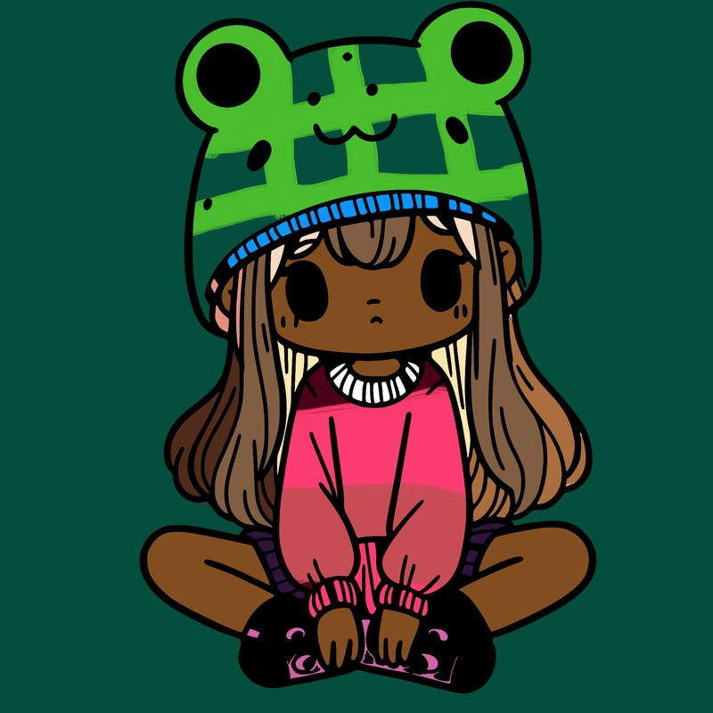 a girl wearing a frog hat and some frog socks