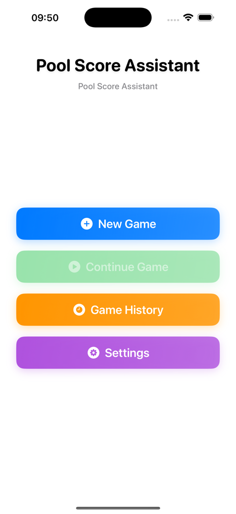 BiliScore Plus - Menú principal de la aplicación BiliScore Plus con opciones para Nueva Partida, Continuar Partida, Historial de Partidas y Configuración.