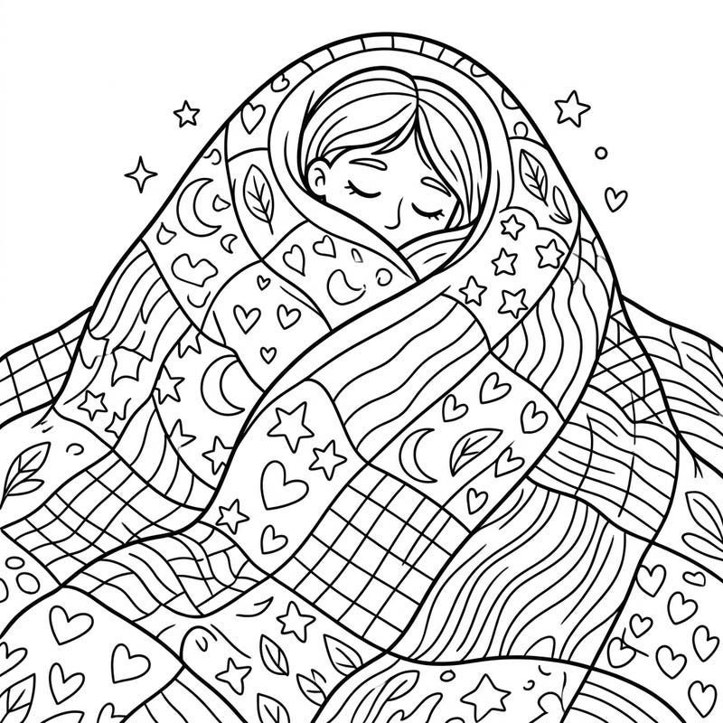 Discover peace and creativity with this charming weighted blanket coloring page, perfect for kids aged 4-8. Featuring a child snuggled deep under a patterned blanket, it's an ideal activity for quiet time and relaxation.