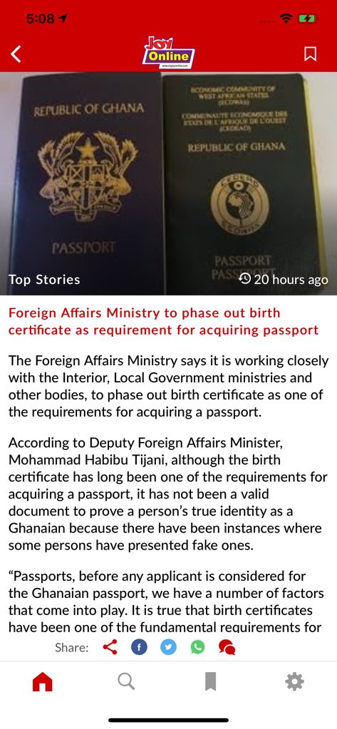 MyJoyOnline - A news article on the MyJoyOnline mobile app about Ghanaian passport requirements featuring an image of two Republic of Ghana passports.