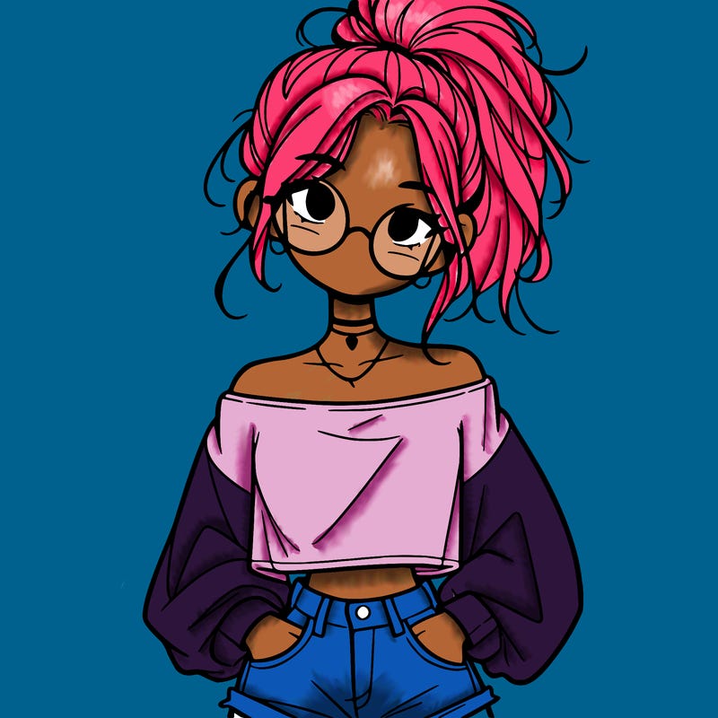 girl with a messy ponytail glasses a baggy crop top and jean shorts