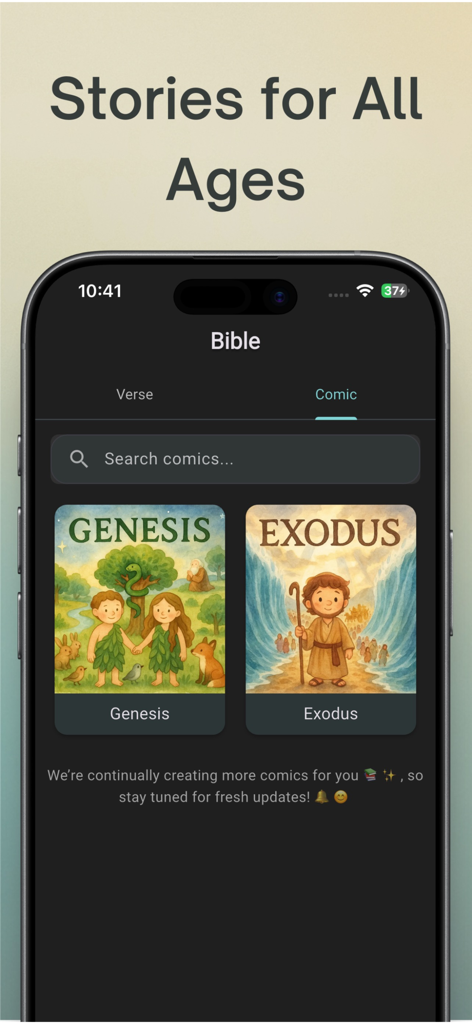 Bible Journey: Visual Stories - Bible Journey app interface showing illustrated comic stories for Genesis and Exodus