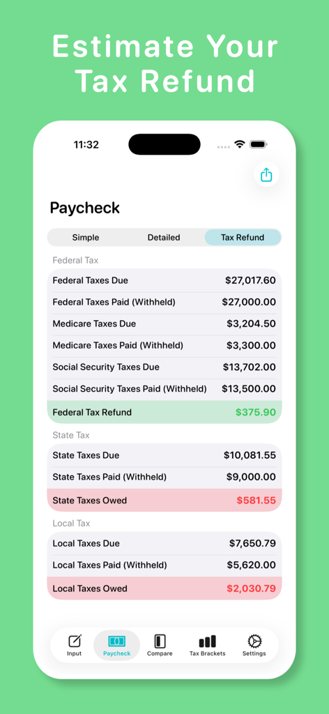 My Paycheck Calculator - Interface showing detailed federal state and local tax refund estimations