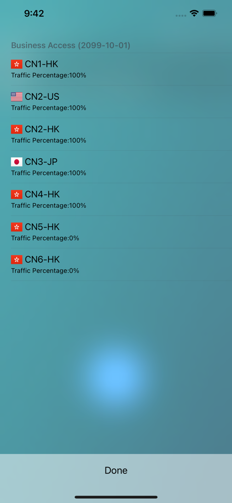 MonoProxy - MonoProxy app screen showing a list of global business access servers and their traffic percentages.