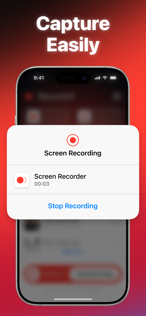 Screen Recorder HQ - iPhone screen showing the Screen Recorder HQ app interface with a recording prompt