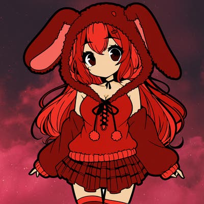 pretty anime girl wearing a fluffy hoodie with bunny ears on the hood and a skirt