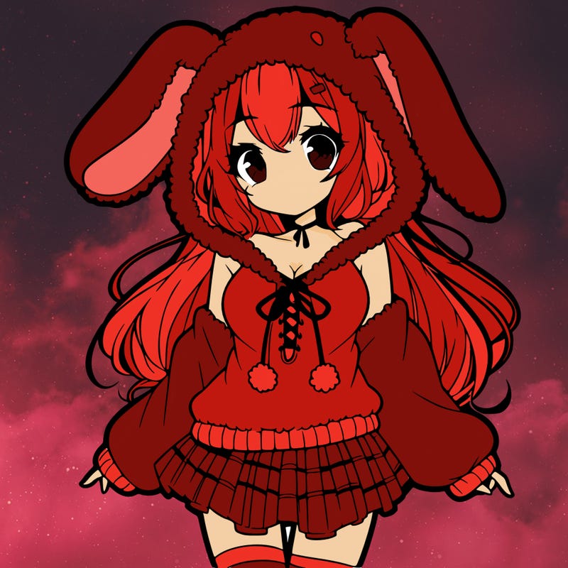 pretty anime girl wearing a fluffy hoodie with bunny ears on the hood and a skirt