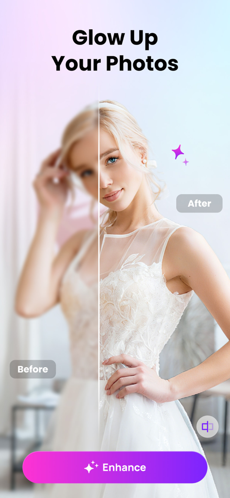 Ageroom - AI Photo Generator - Comparación de antes y después de la mejora de fotos con IA, mostrando un retrato borroso versus un retrato nítido de una mujer.