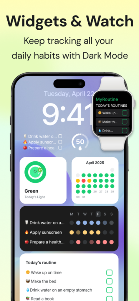 MyRoutine app widgets and Apple Watch interface showing habit tracking progress in dark mode