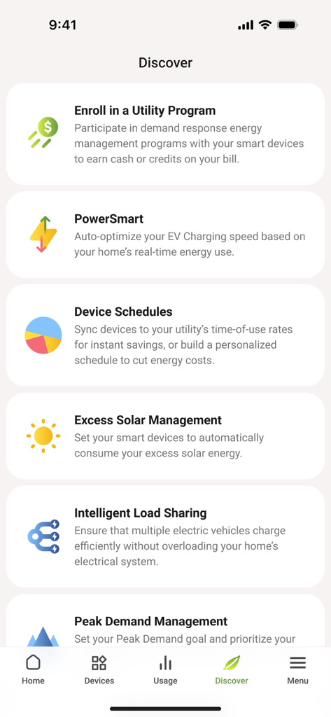 Emporia Energy - Emporia Energy app discover tab showing smart home features like solar management and EV charging optimization