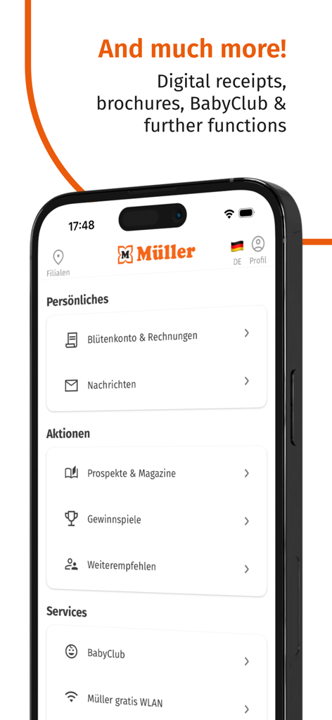Müller mobile app interface showing menu options for digital receipts brochures and baby club services