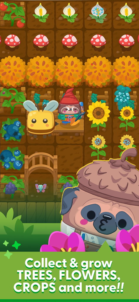 A screenshot of a cozy garden with cute animal characters sunflowers and mushrooms