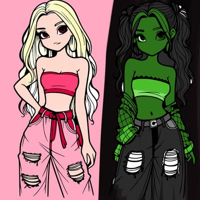 2 girls in crop tops and baggy jeans ripped