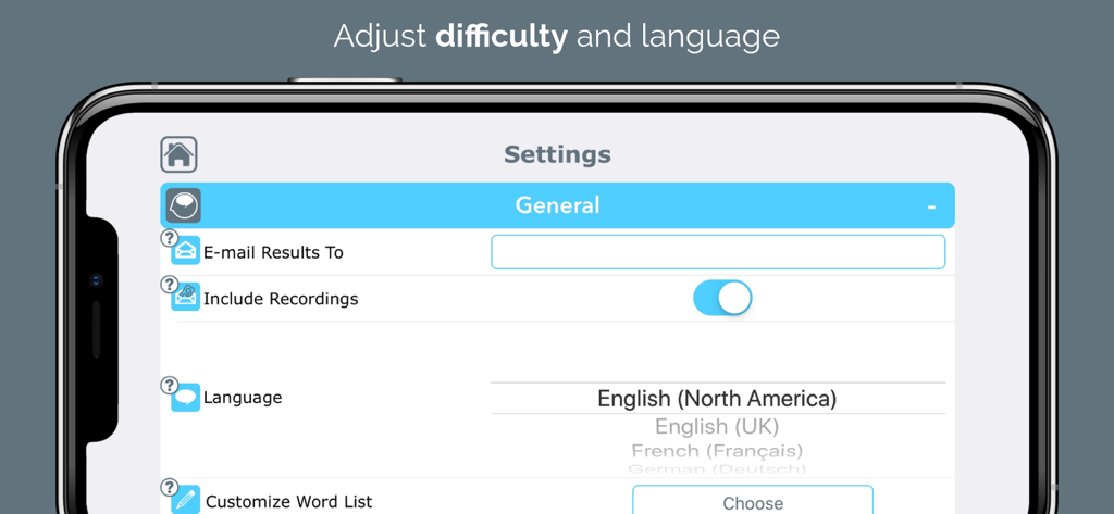 Comprehension Therapy - The settings screen of the Comprehension Therapy app showing language selection and email reporting options