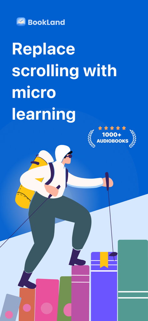 Un excursionista escalando una escalera de libros con el eslogan Reemplaza el scroll con micro aprendizaje