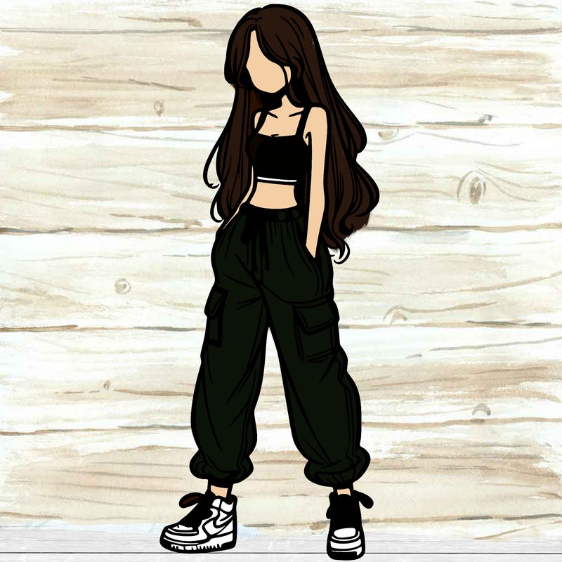 girl in baggy pants crop top and long hair