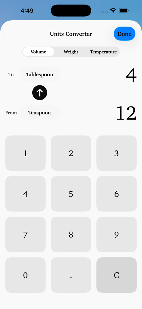 Personal Cookbook - Cooking units converter interface in the Personal Cookbook app showing volume conversion from teaspoons to tablespoons