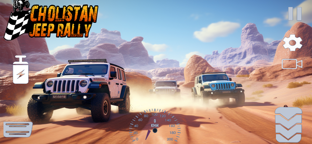 4x4 Offroad Jeep Driving - Several 4x4 jeeps racing through a dusty desert landscape with mountains in a simulation game.