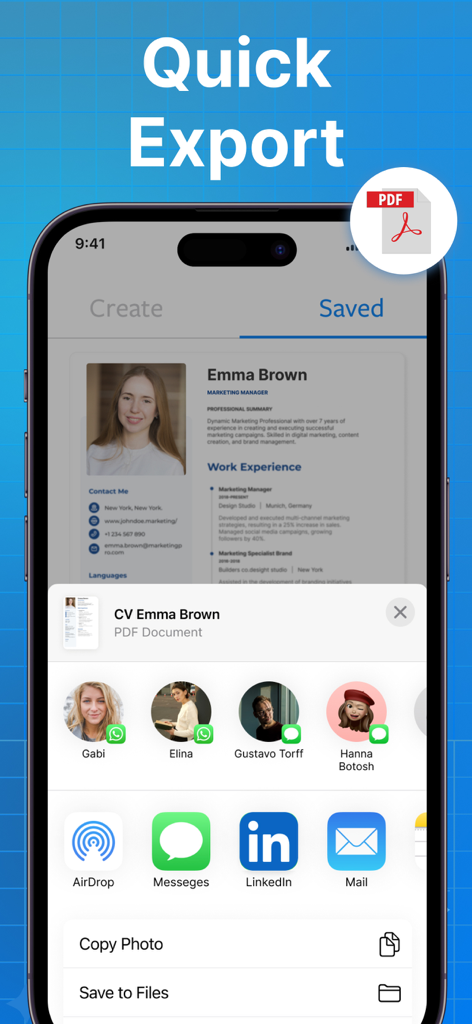 Resume Builder & CV Maker AI - Smartphone-Bildschirm, der den Export eines Lebenslaufs als PDF und das Teilen über mobile Apps zeigt