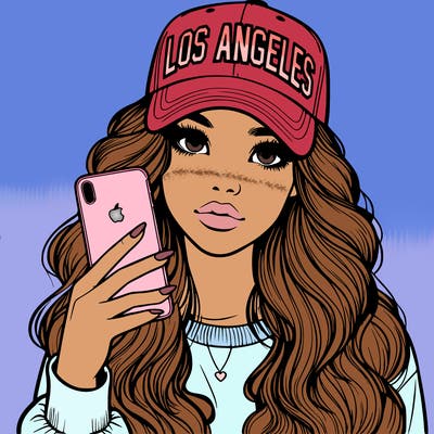realistic beautiful girl wearing los ángeles cap holding an iphone