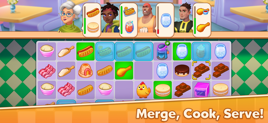 Magic Kitchen : Merge Game - A gameplay screenshot of Magic Kitchen Merge Game showing food items on a puzzle board and customers waiting for their orders