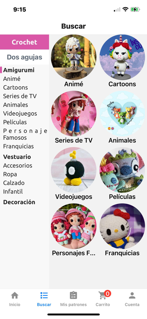 Patronix - Schermata di ricerca dell'app Patronix con varie categorie di amigurumi all'uncinetto.